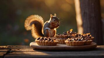 A squirrel enjoys a treat from a platter of tarts in a warm, natural setting. photo