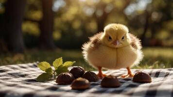 A fluffy chick stands on a picnic blanket with chocolate treats and greenery in the background. photo
