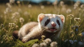 A close-up of a ferret in a field of flowers, showcasing its playful expression. photo