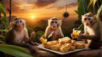 Three monkeys enjoying pastries against a sunset backdrop in a lush environment. photo