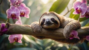 A sloth resting on a branch surrounded by vibrant orchids in a lush environment. photo