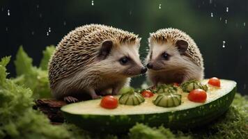 Two hedgehogs sharing a cucumber slice topped with vegetables in a natural setting. photo