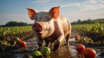 A playful pig wades through a muddy field, surrounded by fresh vegetables under a sunny sky. photo