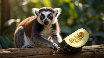 A lemur sits beside a sliced cucumber on a log in a lush, green environment. photo