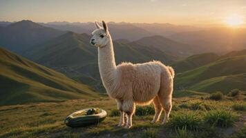 A llama stands on a hillside at sunset, beside a green inflatable object. photo