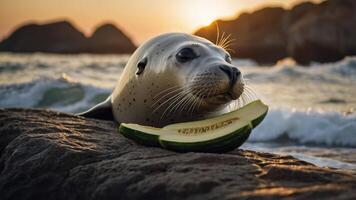 A seal resting on a rock with a slice of cucumber during sunset by the ocean. photo
