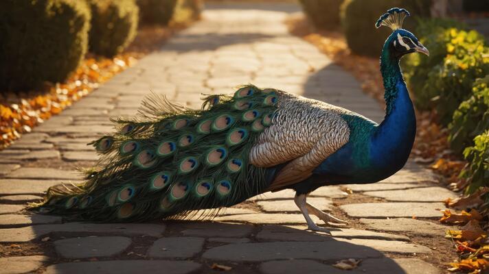 A vibrant peacock walking along a stone path surrounded by greenery and autumn leaves.