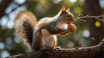 A squirrel perched on a branch, enjoying a nut in a natural setting. photo