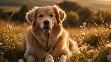 A golden retriever lying in a sunlit field surrounded by flowers. photo