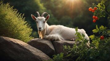 A goat resting on rocks amidst greenery and tomatoes, illuminated by soft sunlight. photo