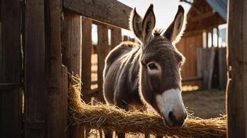A donkey resting its head on hay in a rustic barn setting during golden hour. photo