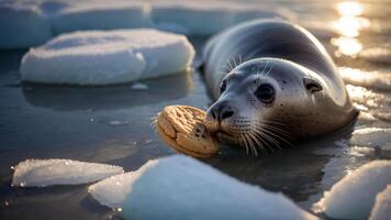 A seal resting on ice, playfully holding a cookie in its mouth. photo