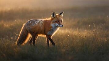 A red fox walks gracefully through a sunlit meadow, showcasing its vibrant fur and natural habitat. photo