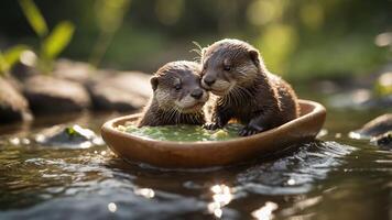 Two playful otters in a wooden bowl, enjoying a serene moment in a tranquil stream. photo