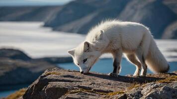 An arctic fox sniffing around on a rocky terrain with a scenic backdrop of water and ice. photo