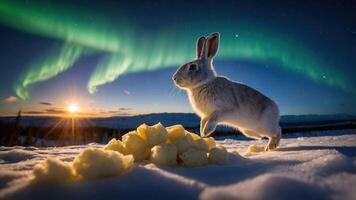 A rabbit stands on snow, surrounded by potatoes, under the aurora borealis at sunset. photo