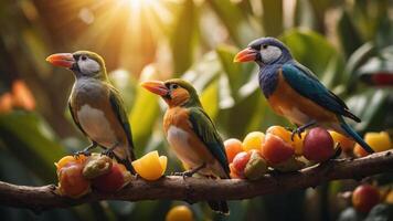 Three colorful birds perched on a branch with fruits, set against a lush background. photo
