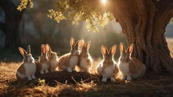 A group of rabbits sitting together under a tree, illuminated by sunlight. photo