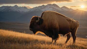 A bison stands in a grassy field with mountains and sunset in the background. photo