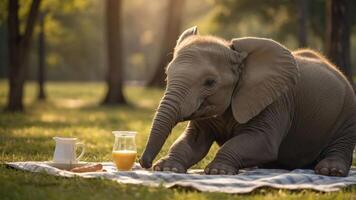 A playful elephant enjoys a picnic in a serene outdoor setting. photo