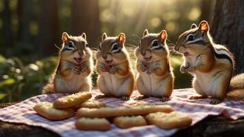 Four chipmunks enjoying cookies on a picnic blanket in a forest setting. photo