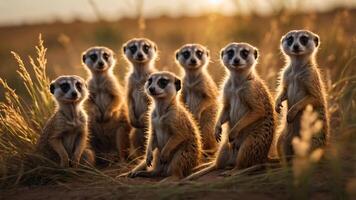A group of meerkats standing together in a sunlit grassy field. photo
