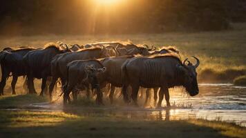 A herd of wildebeests wades through a river at sunset, creating a serene wildlife scene. photo