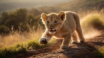 A playful lion cub running on a dirt path amidst tall grass in a natural setting. photo