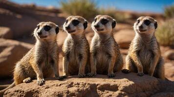 Four meerkats standing on a rock in a desert landscape. photo