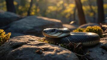 A close-up of a snake resting on rocks, surrounded by natural greenery and soft sunlight. photo