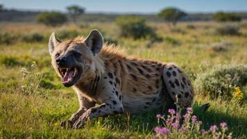 A hyena resting in a grassy field, showcasing its distinctive spotted coat and expression. photo