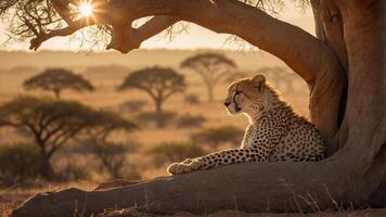 A cheetah rests under a tree, basking in the warm glow of a sunset in the savannah. photo