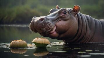 A smiling hippopotamus in a serene water setting with lotus flowers. photo