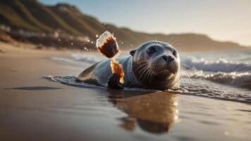 A seal on the beach playfully interacting with a bottle. photo
