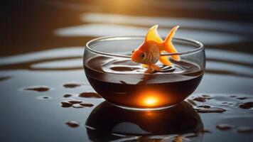 A goldfish swims in a small bowl, surrounded by rippling water, creating a serene atmosphere. photo