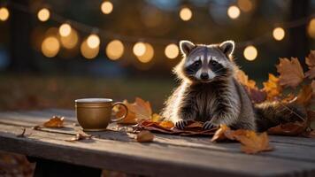 A raccoon sits on a table surrounded by autumn leaves and a cup, with glowing lights in the background. photo