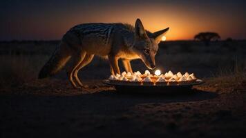 A fox curiously approaches a glowing display at sunset in a serene landscape. photo