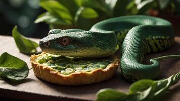 A green snake resting on a pie surrounded by plants, creating an unusual food scene. photo