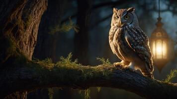 A majestic owl perched on a tree branch illuminated by a lantern in a dark forest. photo