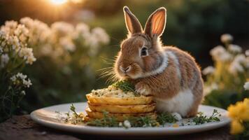 A cute rabbit nibbling on a stack of pancakes surrounded by flowers in a sunny setting. photo