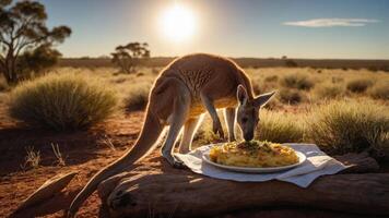 A kangaroo curiously approaches a plate of food in a serene outdoor setting at sunset. photo