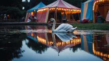 A serene swan glides on a reflective pond near colorful tents illuminated by string lights. photo