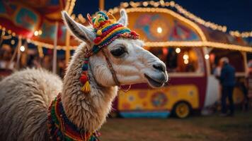 A decorated llama stands near a colorful carnival setting, creating a festive atmosphere. photo