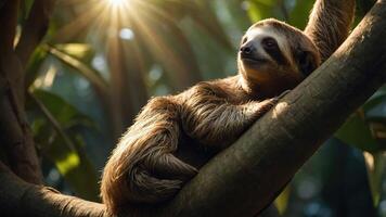 A sloth lounging on a tree branch, basking in warm sunlight in a lush environment. photo