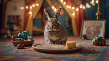 A charming rabbit sits on a colorful rug with cheese and treats, surrounded by festive decor. photo