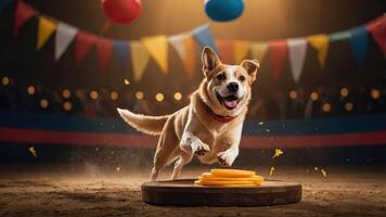A joyful dog leaps to catch a treat in a circus-like setting, surrounded by colorful decorations. photo