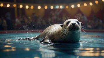 A seal performs in a circus pool, captivating the audience with its playful demeanor. photo