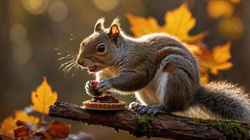 A squirrel enjoys a pie on a branch amidst autumn leaves. photo