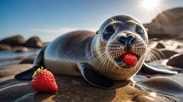 A seal enjoying a strawberry on a rocky beach with sunlight in the background. photo