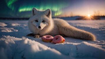 A white fox rests in the snow beside two pink donuts, with the aurora borealis in the background. photo
